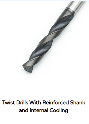 Twist drills with reinforced shank and internal cooling
